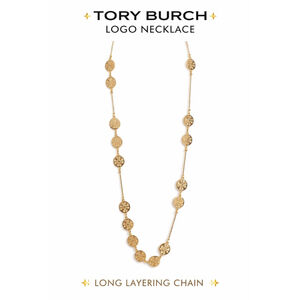 Tory Burch Long Gold Logo Medallion Station Necklace Double T Chain